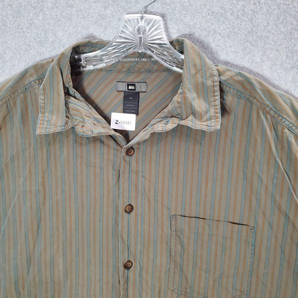 Rei Men Button Up Shirt XL Brown Striped Pockets Short Sleeve Collar - Picture 7 of 7